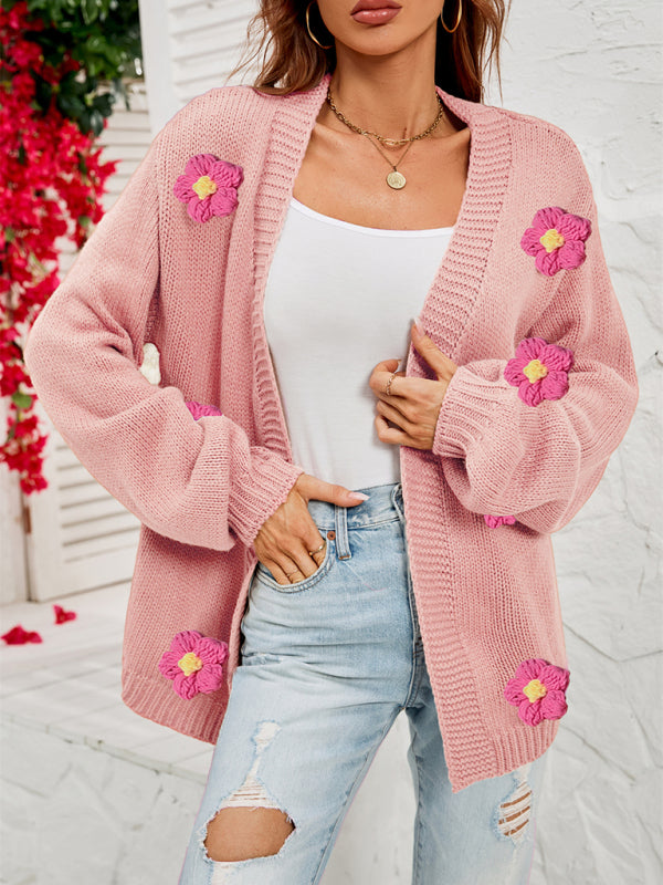 Blue Zone Planet | long-sleeved floral cardigan lantern sleeves knitted sweater jacket BLUE ZONE PLANET