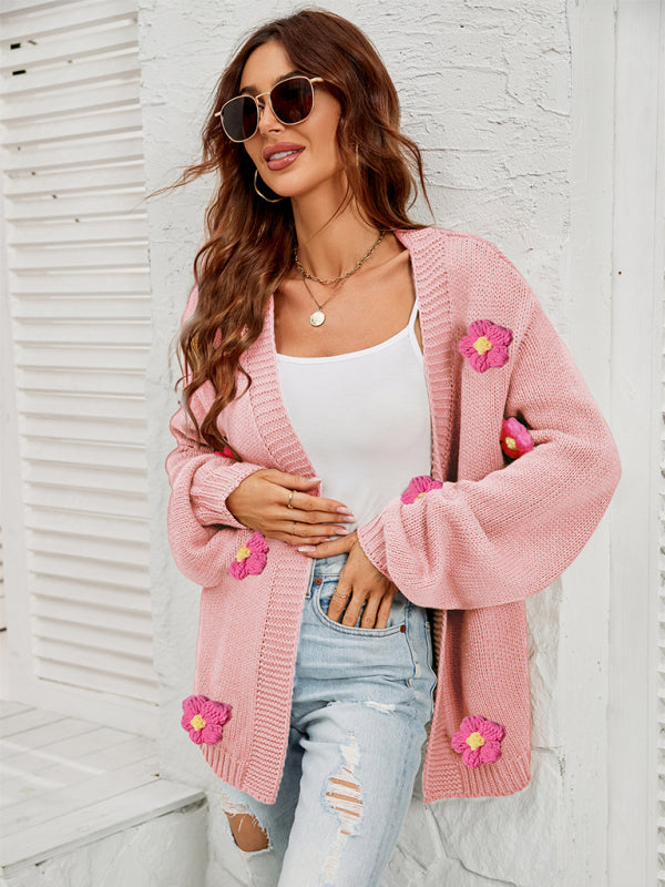Blue Zone Planet | long-sleeved floral cardigan lantern sleeves knitted sweater jacket BLUE ZONE PLANET