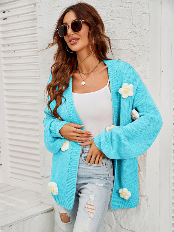Blue Zone Planet | long-sleeved floral cardigan lantern sleeves knitted sweater jacket BLUE ZONE PLANET