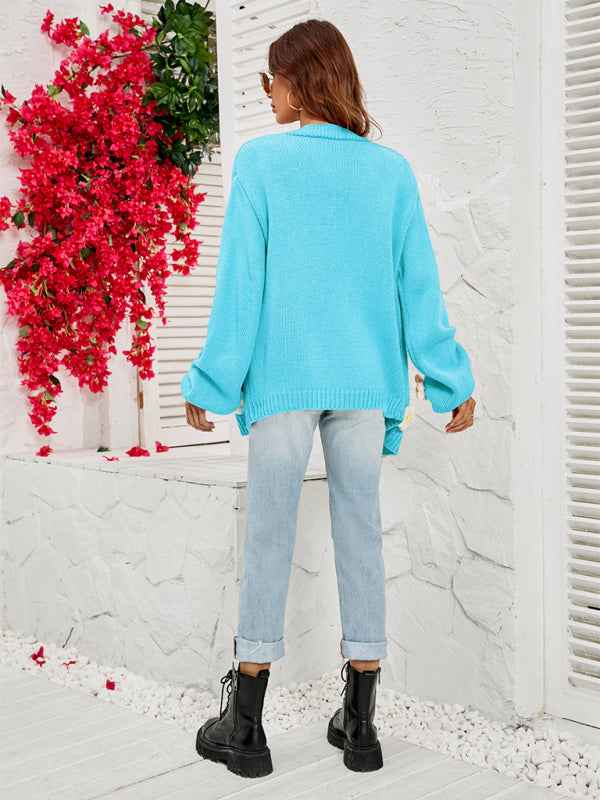 Blue Zone Planet | long-sleeved floral cardigan lantern sleeves knitted sweater jacket BLUE ZONE PLANET