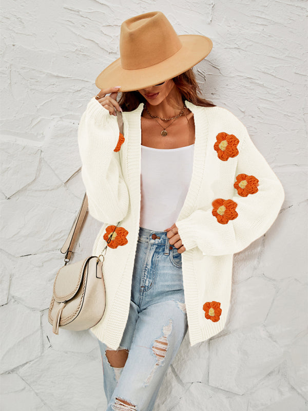Blue Zone Planet | long-sleeved floral cardigan lantern sleeves knitted sweater jacket BLUE ZONE PLANET
