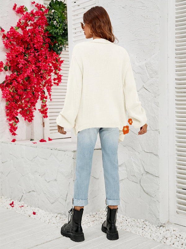 Blue Zone Planet | long-sleeved floral cardigan lantern sleeves knitted sweater jacket BLUE ZONE PLANET