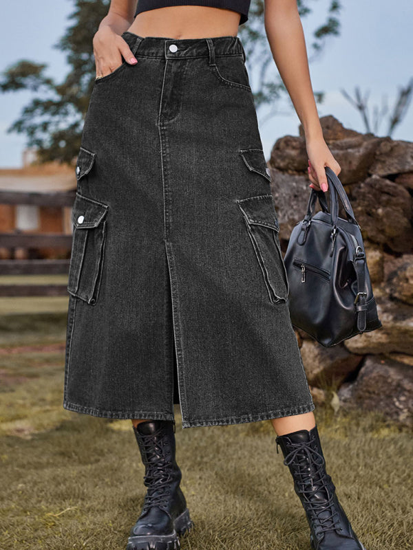Blue Zone Planet | American Spice Girl Elastic Waist Denim Workwear Midi Skirt Skirt BLUE ZONE PLANET