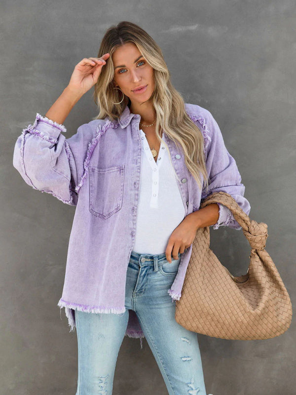 Blue Zone Planet | Fringed Ripped Loose Denim Jacket BLUE ZONE PLANET