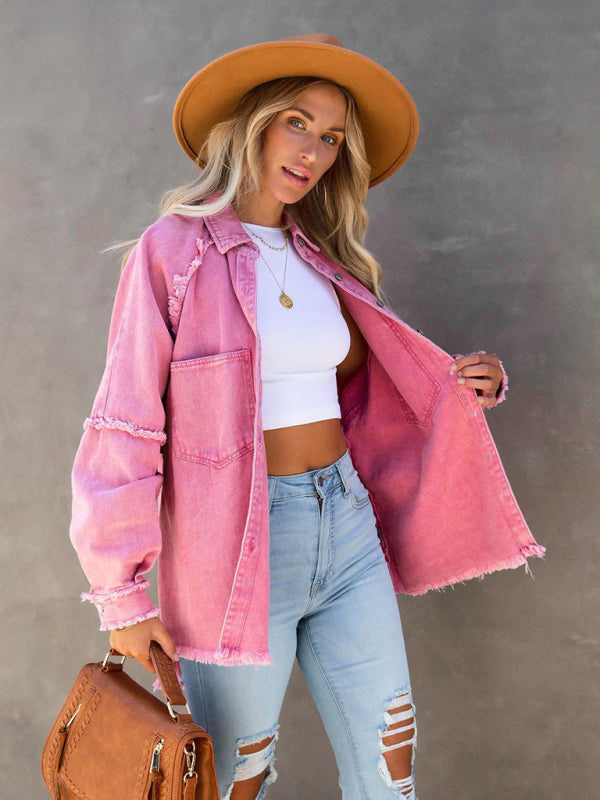Blue Zone Planet | Fringed Ripped Loose Denim Jacket BLUE ZONE PLANET
