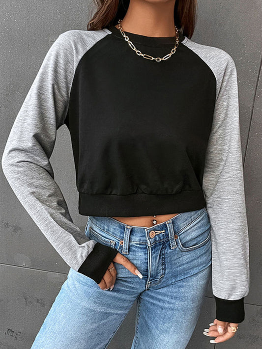 Women's Color Block Long Sleeve Cropped Sweatshirt