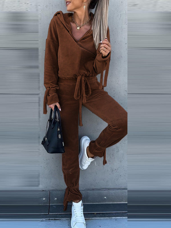 long-sleeved solid color hooded sweater harem pants suit two-piece set BLUE ZONE PLANET