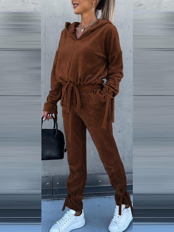 long-sleeved solid color hooded sweater harem pants suit two-piece set BLUE ZONE PLANET