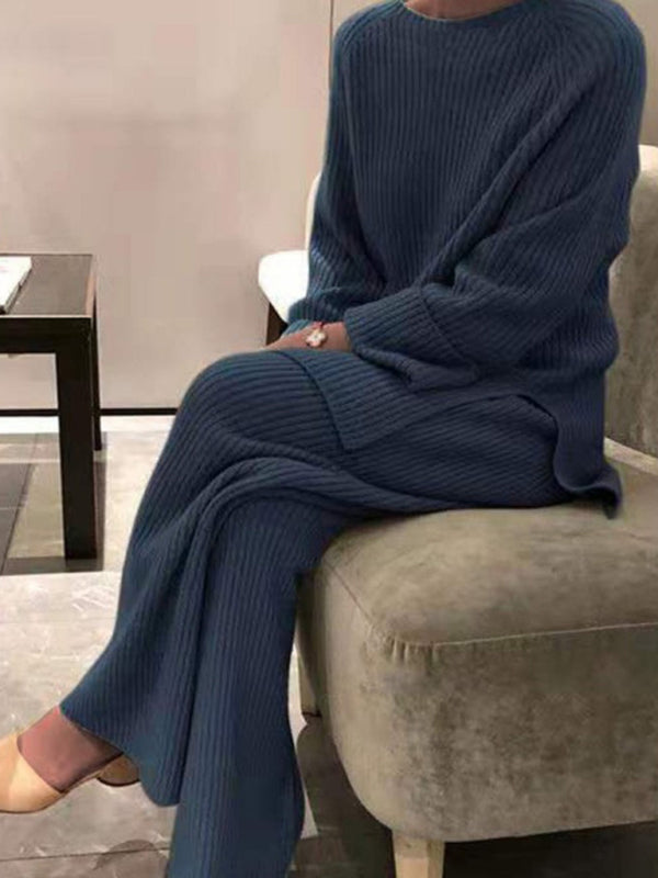 Blue Zone Planet | Solid Color Knit Long Sleeve Two Piece Sweater Set for Women BLUE ZONE PLANET