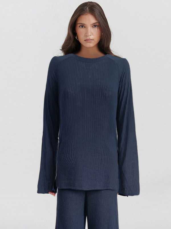 Blue Zone Planet | Solid Color Knit Long Sleeve Two Piece Sweater Set for Women BLUE ZONE PLANET