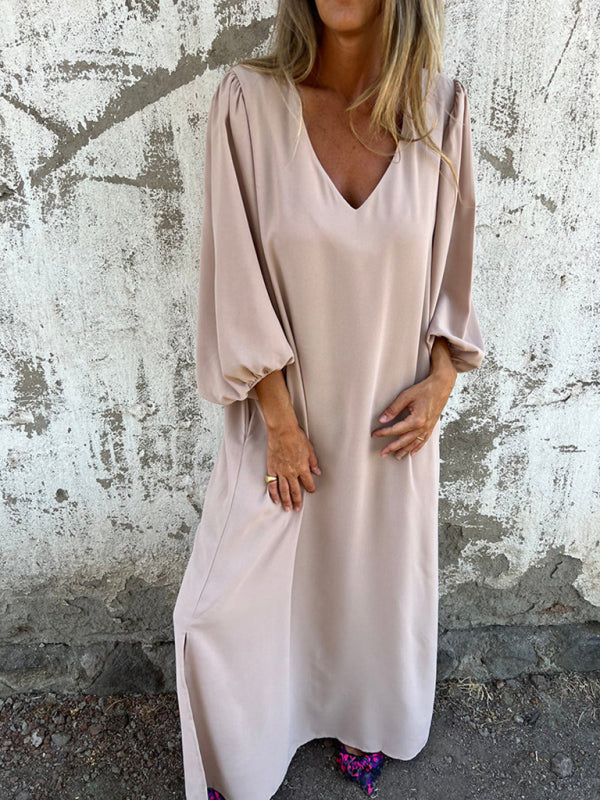 Blue Zone Planet | loose V-neck solid color lantern sleeve dress BLUE ZONE PLANET
