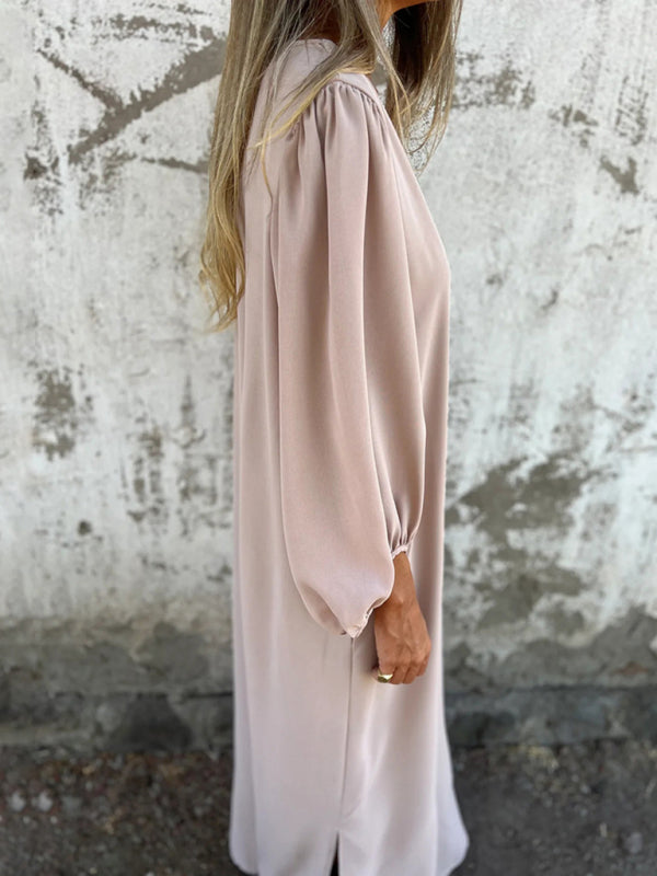 Blue Zone Planet | loose V-neck solid color lantern sleeve dress BLUE ZONE PLANET