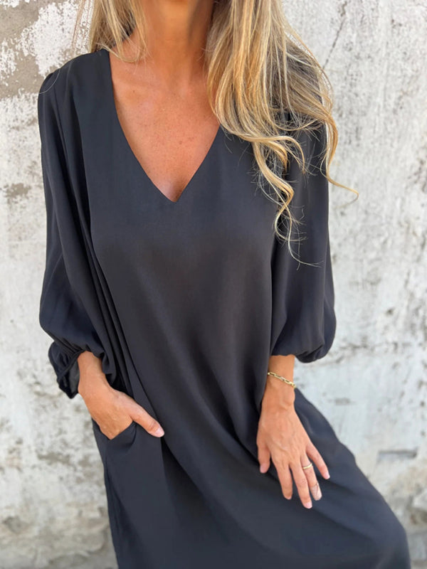 Blue Zone Planet | loose V-neck solid color lantern sleeve dress BLUE ZONE PLANET