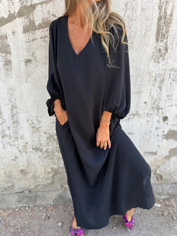 Blue Zone Planet | loose V-neck solid color lantern sleeve dress BLUE ZONE PLANET