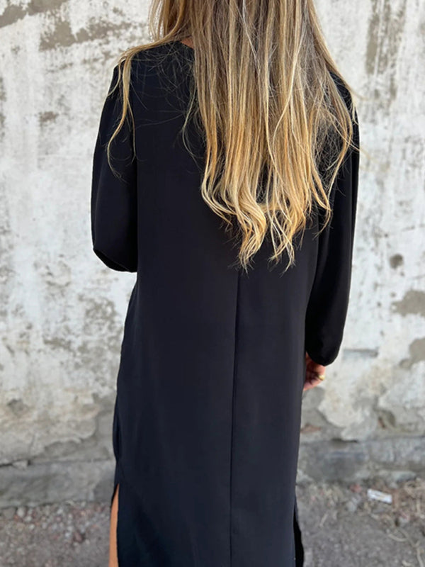 Blue Zone Planet | loose V-neck solid color lantern sleeve dress BLUE ZONE PLANET