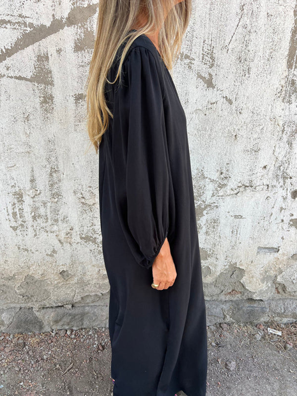 Blue Zone Planet | loose V-neck solid color lantern sleeve dress BLUE ZONE PLANET