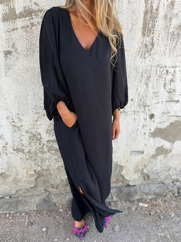 Blue Zone Planet | loose V-neck solid color lantern sleeve dress BLUE ZONE PLANET