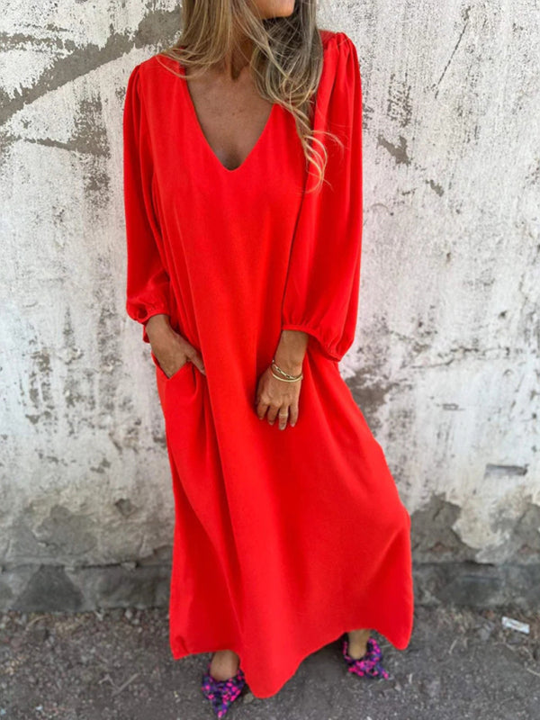 Blue Zone Planet | loose V-neck solid color lantern sleeve dress BLUE ZONE PLANET