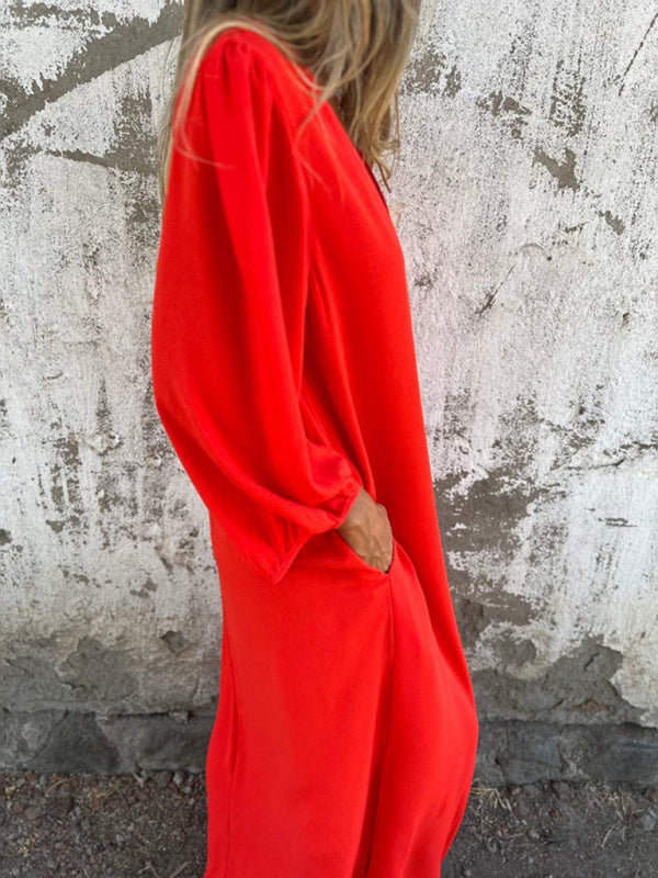 Blue Zone Planet | loose V-neck solid color lantern sleeve dress BLUE ZONE PLANET