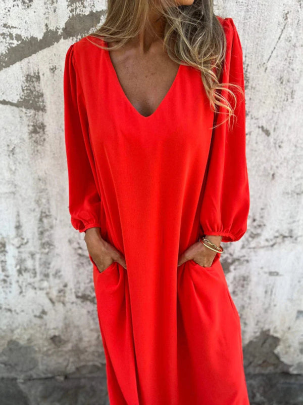Blue Zone Planet | loose V-neck solid color lantern sleeve dress BLUE ZONE PLANET