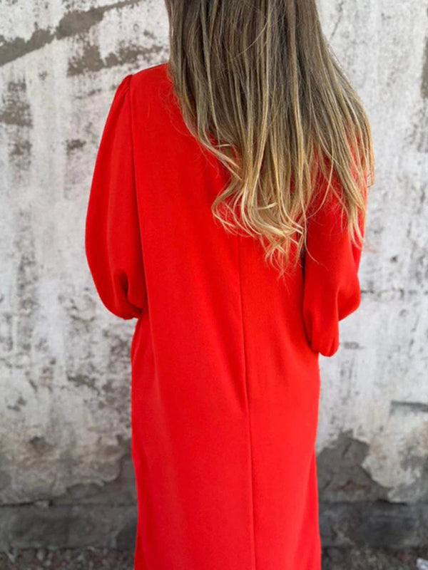 Blue Zone Planet | loose V-neck solid color lantern sleeve dress BLUE ZONE PLANET
