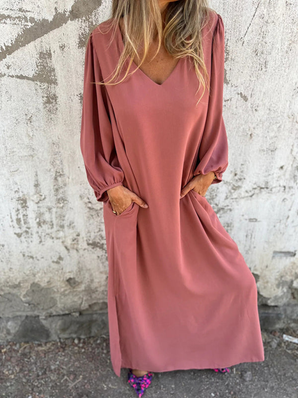 Blue Zone Planet | loose V-neck solid color lantern sleeve dress BLUE ZONE PLANET