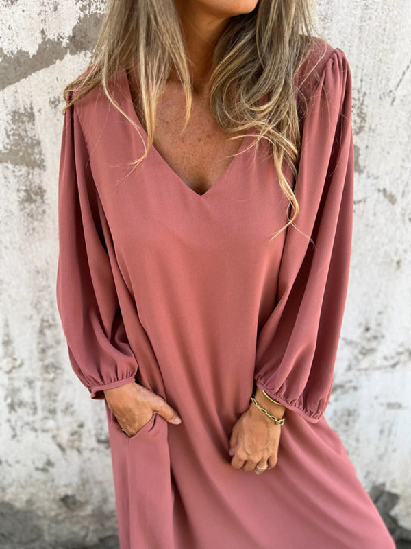 Blue Zone Planet | loose V-neck solid color lantern sleeve dress BLUE ZONE PLANET