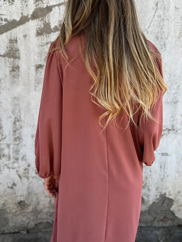 Blue Zone Planet | loose V-neck solid color lantern sleeve dress BLUE ZONE PLANET