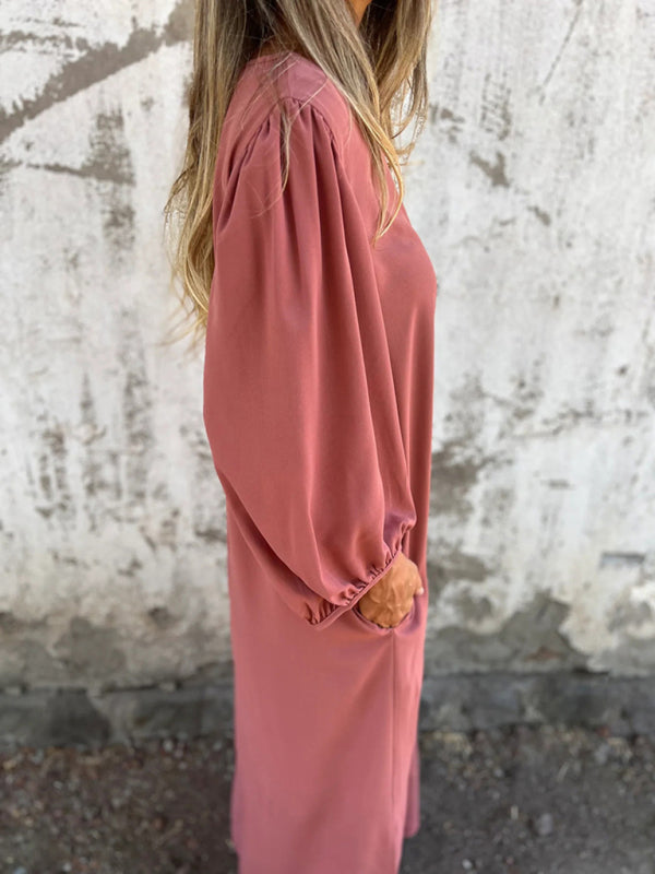 Blue Zone Planet | loose V-neck solid color lantern sleeve dress BLUE ZONE PLANET