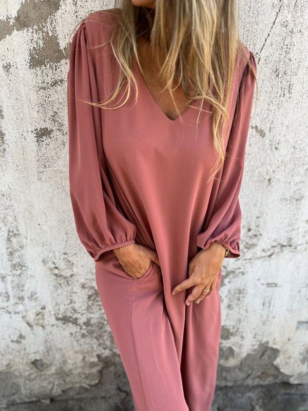 Blue Zone Planet | loose V-neck solid color lantern sleeve dress BLUE ZONE PLANET