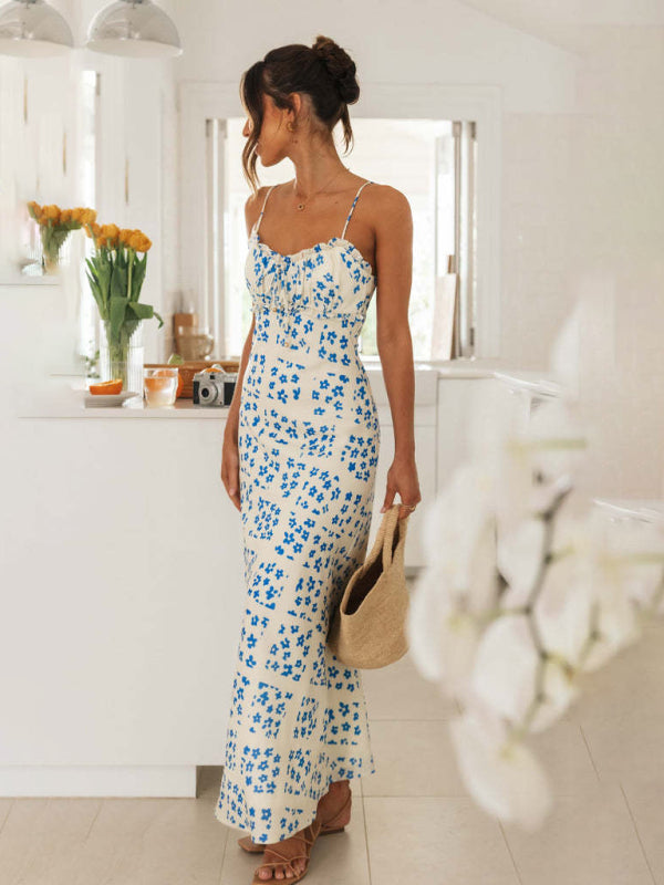 Blue Zone Planet | spring and summer slim-fit spaghetti strap V-neck printed backless long dress BLUE ZONE PLANET
