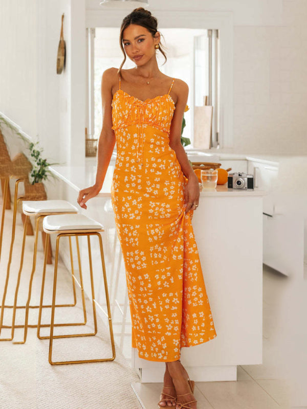 Blue Zone Planet | spring and summer slim-fit spaghetti strap V-neck printed backless long dress BLUE ZONE PLANET