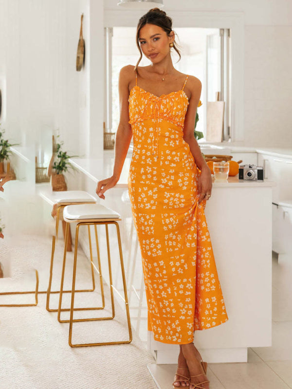 Blue Zone Planet | spring and summer slim-fit spaghetti strap V-neck printed backless long dress BLUE ZONE PLANET