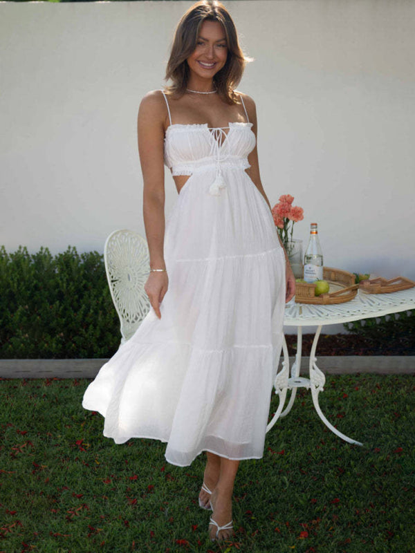 Blue Zone Planet | v-neck sleeveless solid color stitching long dress with large hem BLUE ZONE PLANET