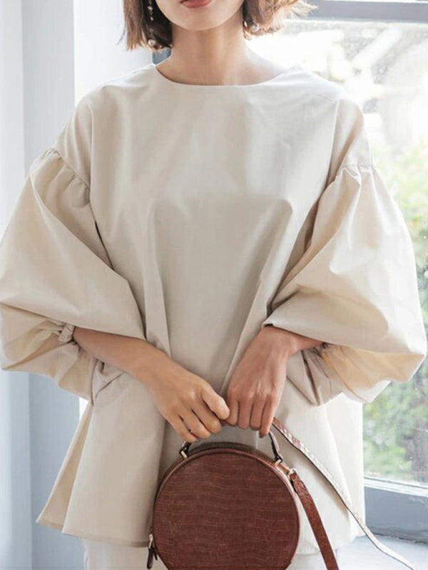 Blue Zone Planet | loose large lantern sleeve round neck shirt top BLUE ZONE PLANET