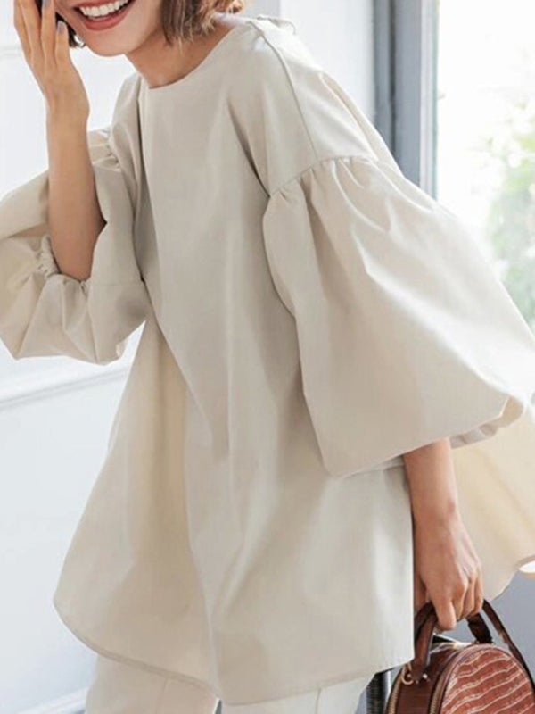 Blue Zone Planet | loose large lantern sleeve round neck shirt top BLUE ZONE PLANET