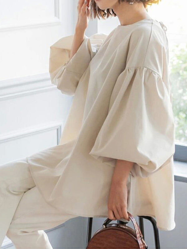 Blue Zone Planet | loose large lantern sleeve round neck shirt top BLUE ZONE PLANET