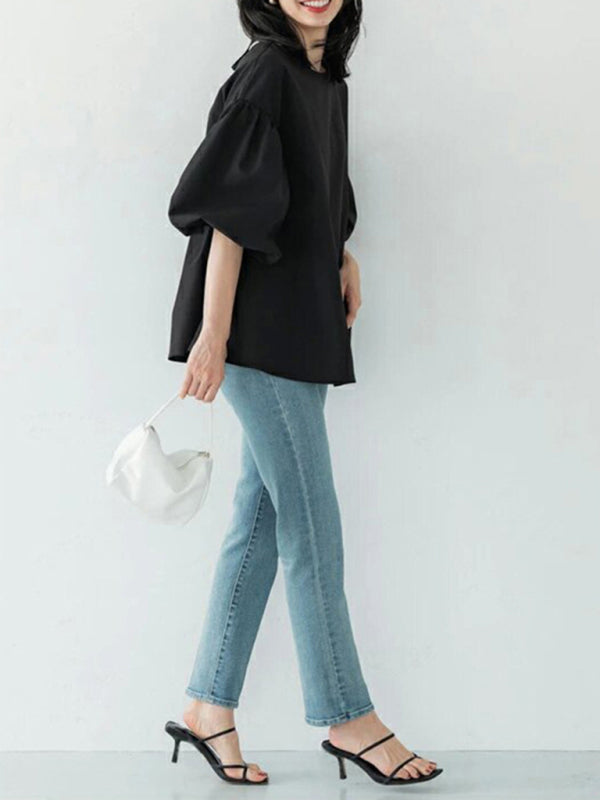 Blue Zone Planet | loose large lantern sleeve round neck shirt top BLUE ZONE PLANET