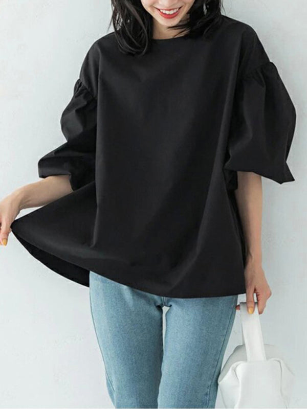 Blue Zone Planet | loose large lantern sleeve round neck shirt top BLUE ZONE PLANET