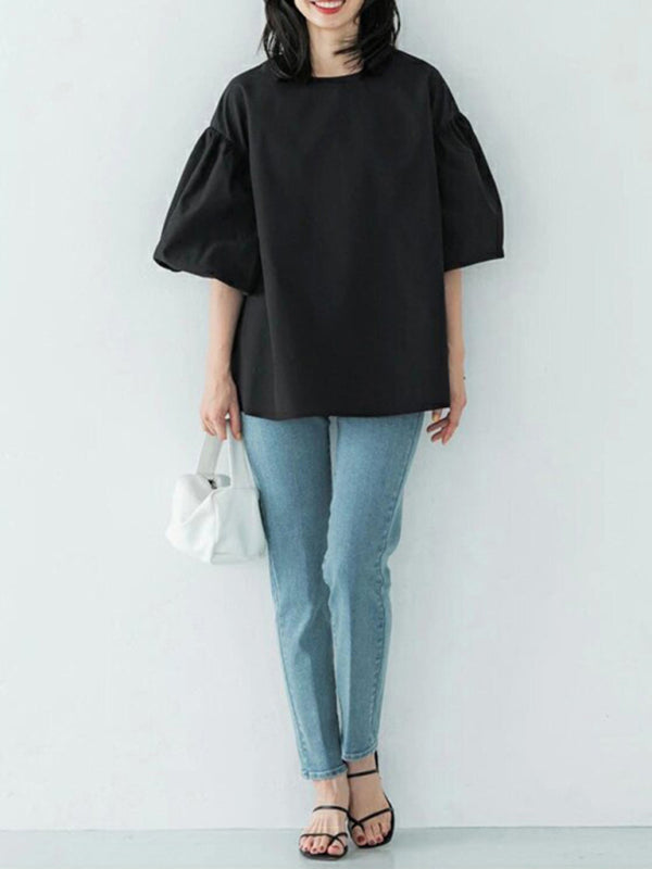 Blue Zone Planet | loose large lantern sleeve round neck shirt top BLUE ZONE PLANET