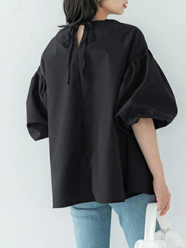 Blue Zone Planet | loose large lantern sleeve round neck shirt top BLUE ZONE PLANET