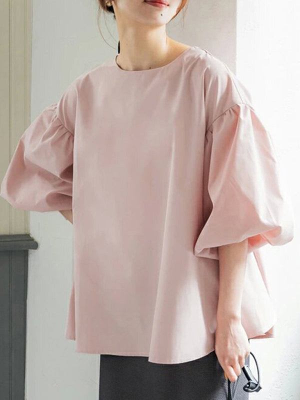 Blue Zone Planet | loose large lantern sleeve round neck shirt top BLUE ZONE PLANET