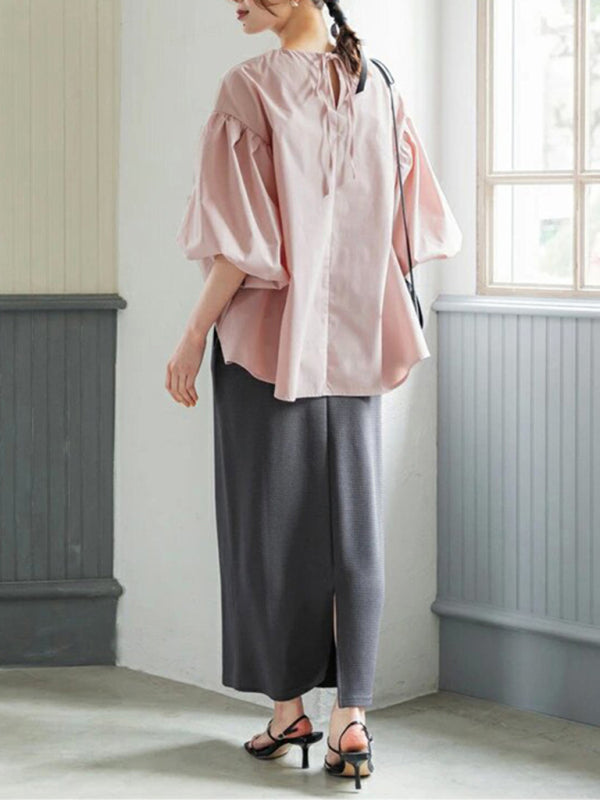 Blue Zone Planet | loose large lantern sleeve round neck shirt top BLUE ZONE PLANET