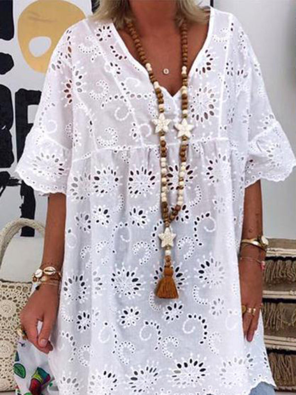 Blue Zone Planet | V-neck hollow embroidered blouse short-sleeved dress BLUE ZONE PLANET