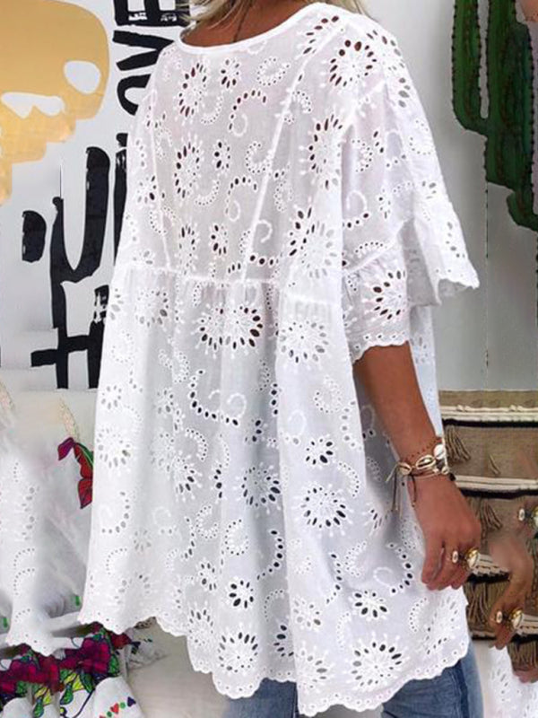 Blue Zone Planet | V-neck hollow embroidered blouse short-sleeved dress BLUE ZONE PLANET