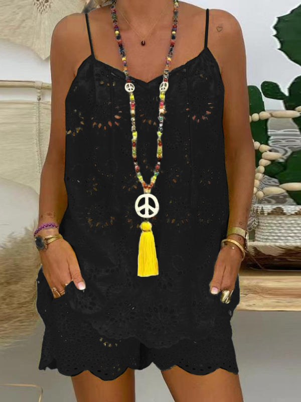 Blue Zone Planet |  sleeveless drawstring ruffled hollow camisole embroidered shorts suit BLUE ZONE PLANET