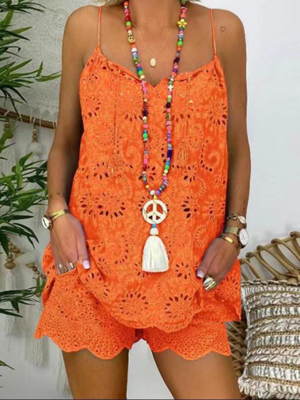 Blue Zone Planet |  sleeveless drawstring ruffled hollow camisole embroidered shorts suit BLUE ZONE PLANET