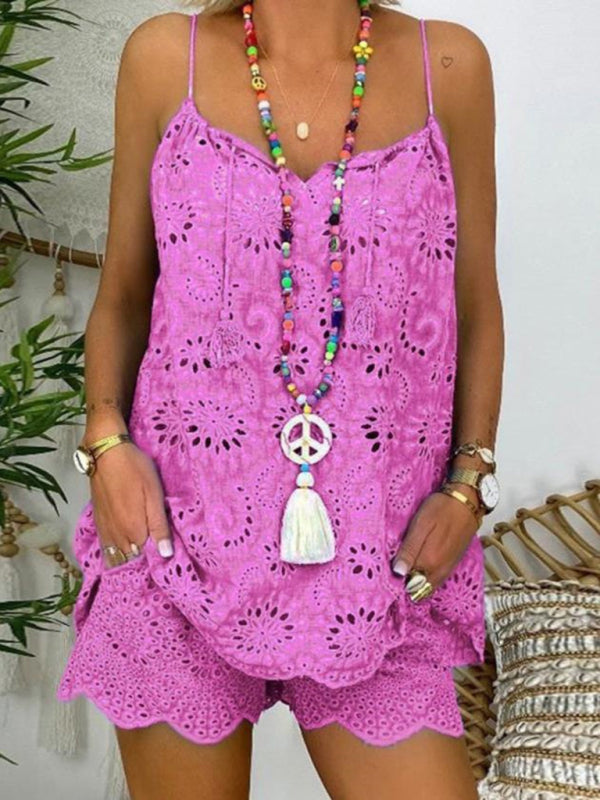 Blue Zone Planet |  sleeveless drawstring ruffled hollow camisole embroidered shorts suit BLUE ZONE PLANET