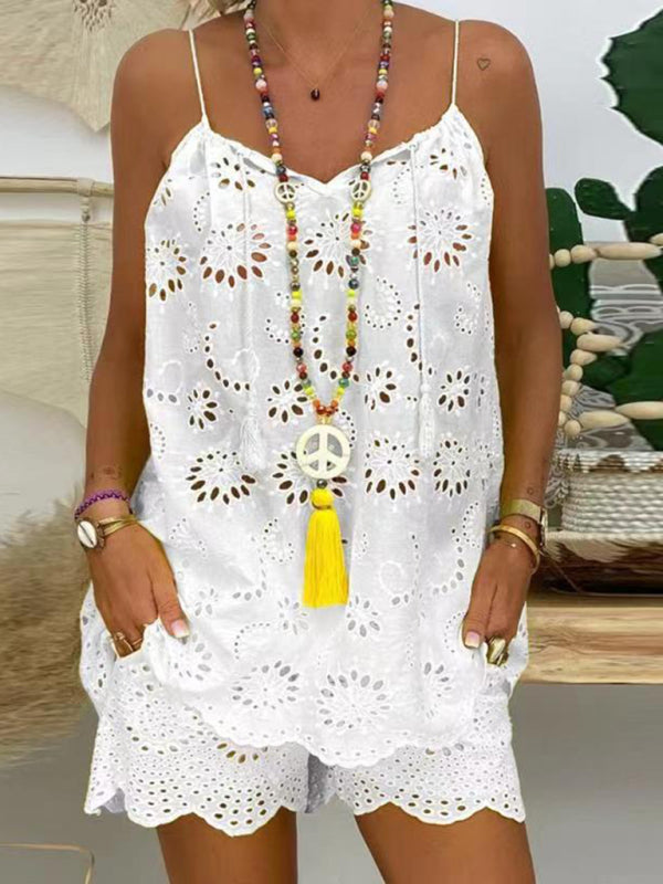 Blue Zone Planet |  sleeveless drawstring ruffled hollow camisole embroidered shorts suit BLUE ZONE PLANET