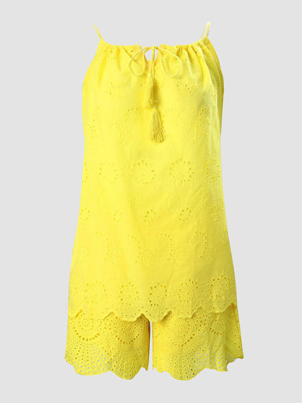 Blue Zone Planet |  sleeveless drawstring ruffled hollow camisole embroidered shorts suit BLUE ZONE PLANET